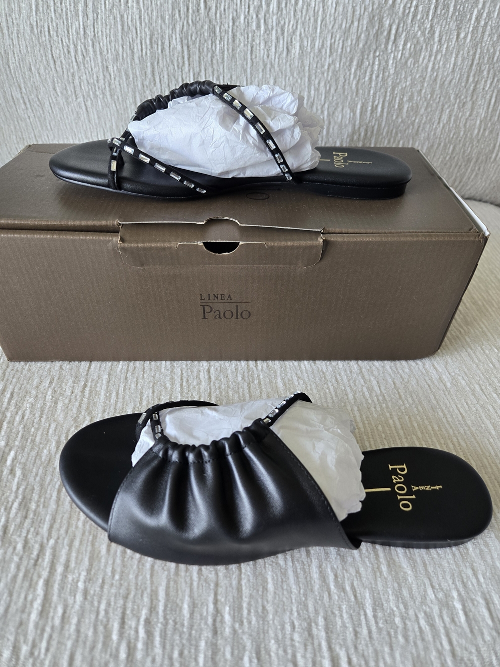 Paolo Black Ruched Leather Slide Sandals with Studded Straps